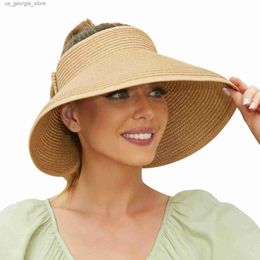 Wide Brim Hats Bucket Hats Sun Visors Womens Hat - Womens Wide Brim Str Sun Hat Womens Folding Beach Hat Womens Sun Hat Summer ponytail Y240319