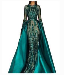 Arabic Style Emerald Green Mermaid Evening Dresses Sexy Sheer Lace Hand Sequins Elegant Said Mhamad Long Prom Gowns Party Wear9555444