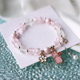 Charm Bracelets Fashion Korean Pink Blue Crystal Beads Bracelet For Women Girl Sweet Flower Animal Elastic Jewelry Gifts