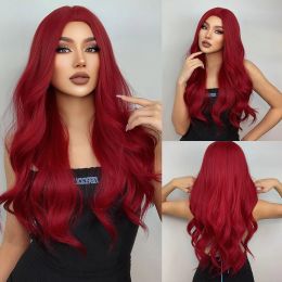 Wigs Burgundy Wine Red Long Wavy Synthetic Hair Wigs for Women Afro Red Body Wave Halloween Cosplay Natural Wig Daily Heat Resistant