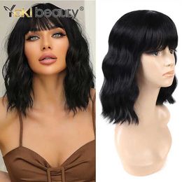 Synthetic Wigs Lace Wigs Synthetic Black Wavy Wig With Bangs Short Bob Wig Curly Wavy Bob Synthetic 14inch Blonde Brown Wigs High Temperature Fibre 240328 240327