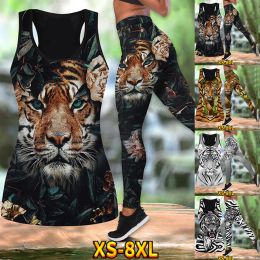 Outfit Ladies Outdoor Casual Top Vest with Tiger Head Print Gym Running Butt Yoga Pants Quick Drying Breathable Suit XS8XL