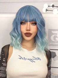 Synthetic Wigs Lace Wigs Cynthia Blue Ombre Short Bob Synthetic Wigs For Women With Bangs Body Wave Cosplay Lolita Wig White Natural Heat Resistant Hair 240329