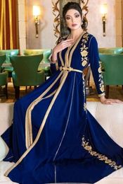 Moroccan Caftan Evening Dresses Embroidery Appliques royal blue long sleeve Muslim prom gown Jacket Kafutan Arabic Party Dress9692242