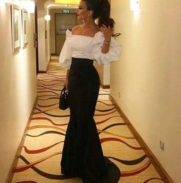 Black and White Evening Dresses Off the Shoulder Puffy 34Long Sleeves Floor Length Mermaid Prom Gowns2103303