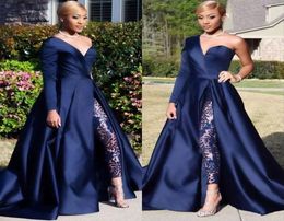 2020 New A Line Dark Navy Split Prom Party Gowns Jumpsuit Celebrity Dresses Elegant One Shoulder Long Sleeve Evening Dresses Pant 9424196