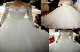 White Lace Off Shoulder Wedding Ball Gown Long Sleeves Princess Puffy Train Bride Wedding Dress Tulle Lace Edge Bridal Event Ball 1867871