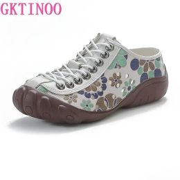 Boots Gktinoo Genuine Leather Flats Women Sneakers Hollow Laceup Round Toe 2023 New Summer Concise Leisure Retro Handmade Ladies Shoe