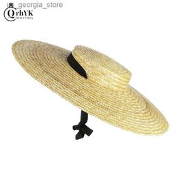 Wide Brim Hats Bucket Hats Wide Brim Str Womens Hat Long Ribbon Womens Beach Hat Summer Sunshade Hat Flat Top Big Brim Tie Str Hat Y240319