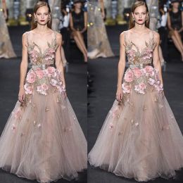 winter elie saab luxury prom dresses 3d hand made flower appliquetulle evening dresses party wear runway fashion gowns