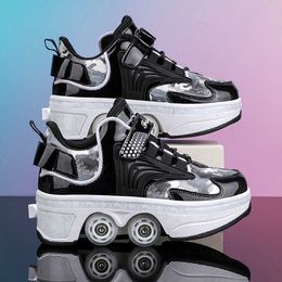 HBP Non-Brand Deformation Kids Kick Wheels Shoes Adult Children Retractable Kick Roller Skates Shoes For Kids Adjustable 4 Roller Skate