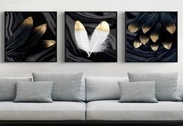 3 Panels Canvas Painting Wall Posters and Prints Black white gold feather HD Wall Art Pictures For Living Room Dining Restaurant H2078568
