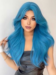 Synthetic Wigs Lace Wigs 28Inch Sea Blue Colour Synthetic Wigs Middle Part Long Natural Wavy Hair Wig For Women Cosplay Drag Queen Party Heat Resistant 240329