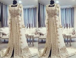 Moroccan Caftan Kaftan Evening Dresses Dubai Abaya Arabic Long Sleeves Amazing Gold Embroidery SquareNeck Occasion Prom Formal Go8254645