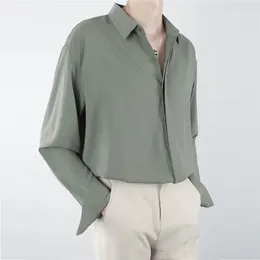 Men's Casual Shirts Luxury Ice Silk Shirt Korean Fashion Loose Drape Solid Colour Button Up Long Leeve Spring Business Blouse Q13