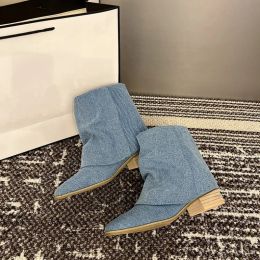 Boots Blue Jeans Western Cowboy Boot for Women 2024 Autumn New Denim Highheeled Ankle Boots Woman Slip on Cowboy Ankle Botas Mujer