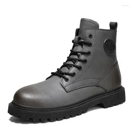 Boots High-top Leather Men's In British Style Tide Shoes Grey And Velvet Casual Winter