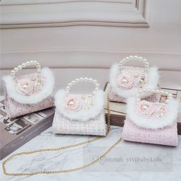 Children plush beaded flower princess handbag girls pearls chain single shoulder bag kids sequins plaid crossbody bags Z7231