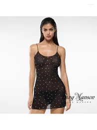 Casual Dresses Sexy Perspective Sling Dress Women's Fashion Black Diamond Mesh Nightclub Evening Mini Tight High Waist 2024