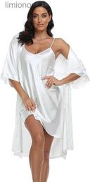 Women's Sleepwear Womens Silk Satin Pyjamas 2Pcs Sexy Silky Pj Robe Set with Chemise NightgownC24319
