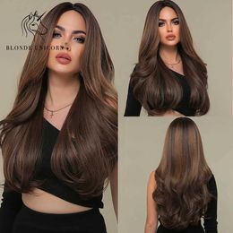 Synthetic Wigs Blonde Unicorn Ombre Brown Synthetic Wig Long Wavy Hair no Bangs for Women Heat Resistant Daliy Cosplay Party Use 240329