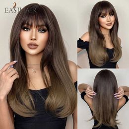 Synthetic Wigs EASIHAIR Long Straight Bangs Wigs Natural Ombre Dark Brown Synthetic Hair Wig for Women Daily Cosplay Party Heat Resistant Fibre 240329