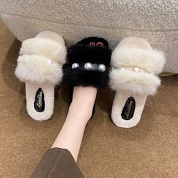 HBP Non-Brand hot selling Elegant ladies fashion fluffy indoor slippers Casual pearl solid flat slippers white shoes for men