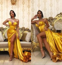 Prom Party Dress Gold Sweetheart Satin Long Evening Gown Sexy High Slit Dubai Formal Occasion Dresses Robe Vestito Lungo3873792