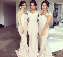 Nude Long Chiffon Bridesmaid Dresses For Bridal Cheap Lace V Neck Sheer Cap Sleeve Sweep Train Mermaid Wedding Guest Dress5805090