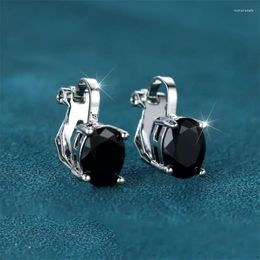 Backs Earrings Cute Female Black Oval Zircon Stone Clip Charm Silver Color Wedding Jewelry For Women