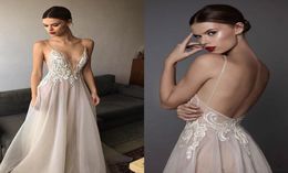 2020 New Ivory Berta Evening Dresses Deep V Neck Spaghetti Straps Embroidered Chiffon Backless Summer Illusion Long Prom Dresses 25678547