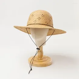 Wide Brim Hats Children's Spring Summer Paper Grass Hollow Knitted Ribbon Strap Dome Big Eave Straw Hat Outdoor Beach Sunshade