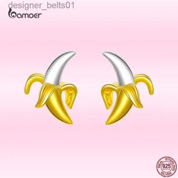 Stud Bamoer Fashion Cute Banana Earrings for Girl Genuine 925 Sterling Silver Yellow Fruit Ear Studs Lovly Valentines Day JewelryC24319