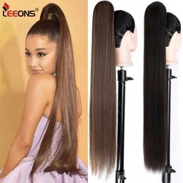 Synthetic Wigs Leeons 85Cm 33Inch Long Straight Ponytail Hairpieces For Women Hairstyles Synthetic Fake Ponytail Wrap Around Clip In Horse Tail 240329