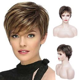 Synthetic Wigs Lace Wigs Brown Wigs with Bangs for Women Short Wig Natural Hairstyle Dark Roots Ombre Hair Wigs 240328 240327