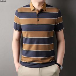 Summer New Stripe T-shirt for Men with Polo Neck Cotton Short Sleeved Mens Middle Aged Dad Comfortable 9jvj {category}