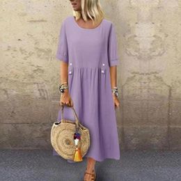 Casual Dresses Solid Color Dress Stylish Women's Summer Midi With Pockets Button Decor A-line Silhouette O Neckline Short Sleeves For A