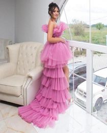 Pink High Low Puffy Prom Dresses With Sash Ruched Strapless Tiered Tulle Tutu Skirts Cocktail Party Dress Simple Cheap Evening8965258