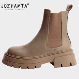 Boots JOZHAMTA Size 3440 Women Ankle Boots Thick Soles Real Leather High Heels Shoes For Women Winter 2024 Elastic Platform Booties