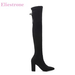 Boots Brand New Winter Grey Women Thigh High Slouch Boots Black Square Heels Lady Over Knee Shoes WK31 Plus Big Size 10 32 44 46