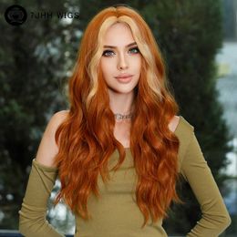 Synthetic Wigs 7JHH WIGS Bright Orange Long Wavy Women Wig Natural Synthetic Wigs with Bangs for Black Women Daily Party Cosplay Heat Resistant 240329