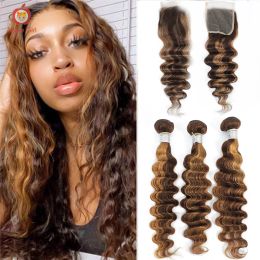 Wigs Hightlight Loose Deep Wave Bundles With Closure Transparent 3 or 4 Bundles Human Hair With Closure Brazilian Remy Hair