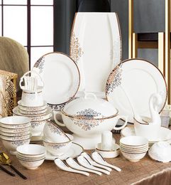 Aegean Sea series Ceramic dinnerware 60pcs and28pcs modern simple design bone china tableware set gold rim dinner plates set2408800