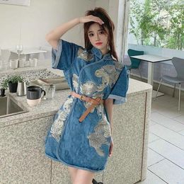 Ethnic Clothing 2024 Chinese Style Vintage Short Sleeve Qipao Dress Women Hanfu Denim Skirt Embroidery Casual Daily