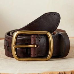 Belts 3.8CMVintage Genuine Leather Weaving Belt For Men With Brass Pin Buckle