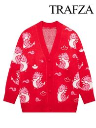 Women's Knits TRAFZA Woman Fashion Red Cartoon Sweater Cardigans Spring Female Chic V Neck Knitwear Long Sleeve Knit Cardigan Coat