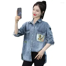 Women's Blouses Retro Fashion Lapel Cowboy Female Shirt Loose Medium Long Ladies Tops Korean Version Spring Autumn Denim