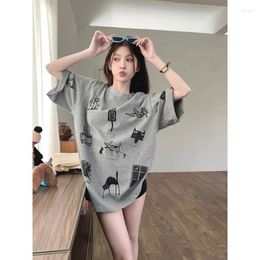 Women's T Shirts 2024 Summer High Street Vintage Shirt Korean Cartoon Print O Neck Tee Top Harajuku Ulzzang Women Clothing