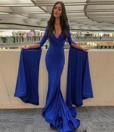 Cheap Royal Blue Mermaid Evening Dresses V Neck Long Sleeve Pleat Prom Gowns Custom Made Satin Special Occasion Dresses Long3134655