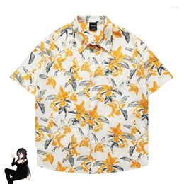 Men's Casual Shirts Yellow Floral Print Short Men Women Summer Loose Thin High Quality Hawaii Beach White Clothes Blouse